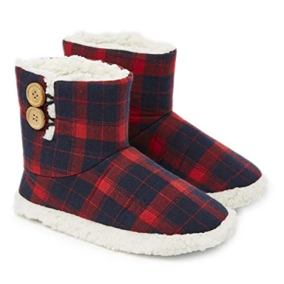 Image of DUNLOP Boots Slippers for Women Memory Foam Faux Sheepskin House Shoes (Navy/Red, 8 UK, numeric_8)