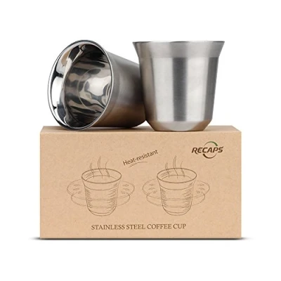 Image of RECAPS 80ml Stainless Steel Espresso Cups Set 2 Pack Double Wall 304 Demitasse 2.7oz