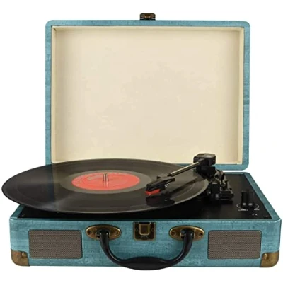 Image of Record Player Vintage 3 Speed Bluetooth Vinyl Turntable with Stereo Speaker, Belt Driven Suitcase Player11