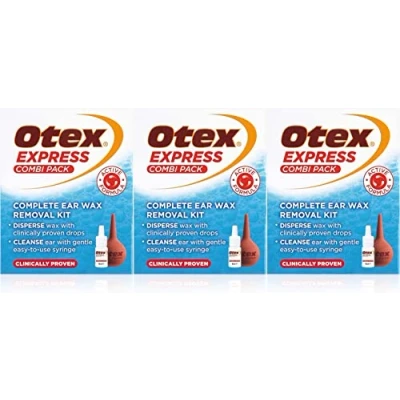 Image of Otex Express Combi Pack, Clinically Proven Ear Wax Removal Kit with Drops and Bulb Syringe for Excessive, Hardened Wax, 10ml (Pack of 3)