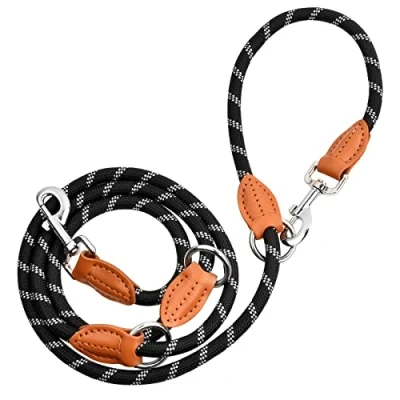 Image of Multi Function Hands Free Dog Lead, 2m Adjustable Double Ended Lead Training Leash with 2 Movable Metal Rings, for Walking Running Rope (Black)