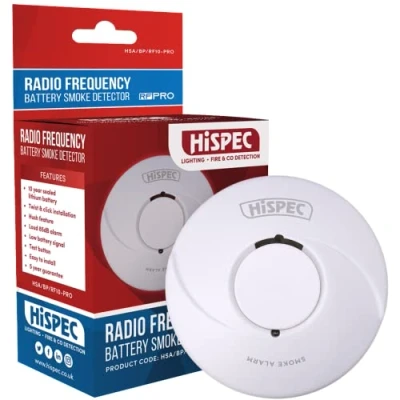 Image of HiSPEC Smoke Detector Alarm 10 Year Sealed Battery Powered Interlinked Radio Frequency: 5 Guarantee: 2022 Scottish Government Regulation Compliant