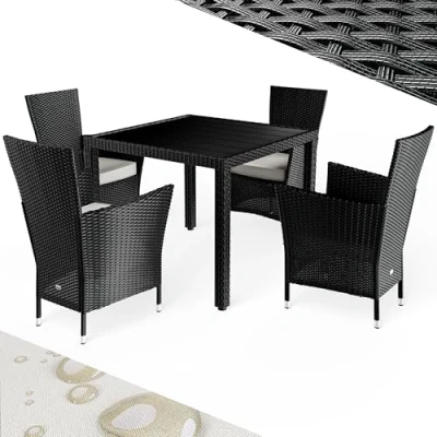 Image of CASARIA® 4+1 Poly Rattan Outdoor Dining Furniture Set 4 Stackable Armchairs with Cushions 90x90cm Table WPC Top Weatherproof Patio Seating Group Black