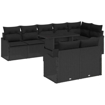 Image of vidaXL 9 Piece Garden Sofa Set with Cushions Black Poly Rattan