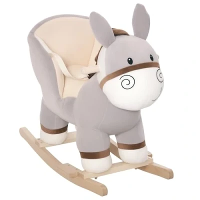Image of HOMCOM Kids Children Rocking Horse Plush Ride On Donkey Seat w/Sound Wood Base Safety Belt Toddler Baby Toy Rocker Grey 18 36 Months