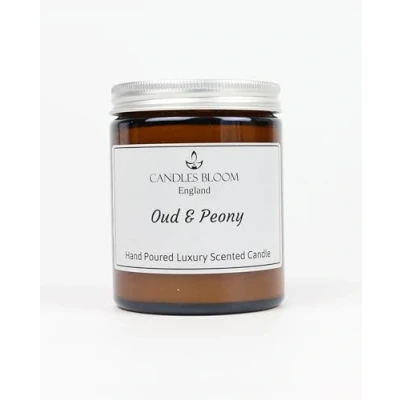 Image of Oud &amp; Peony 180ml Amber Jar Scented Candle 35 Hour Burn Time Eco Vegan Friendly