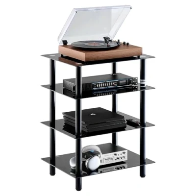 Image of VEVOR 4 Tier AV Media Stand, Audio/Video Stand with Strengthened Tempered Glass Shevles for DVD/Cable Boxes/Games Consoles, Customizable Storage Cabinet Gaming/Recording Room