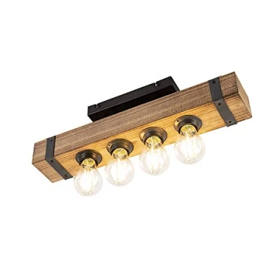 Image of Qazqa Wood Industrial Ceiling Lamp I Flush Light Reena Suitable for LED E27 4 Living Room Kitchen Bedroom