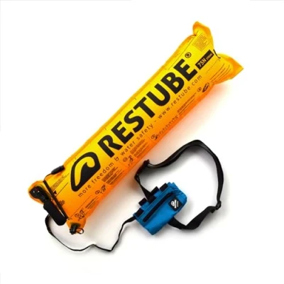 Image of Restube Extreme Wild Swimming Safety Buoy for Use in Rough Conditions Open Water Buoyancy Aid Swimmers, Surfers &amp; Lifeguards One Pull Inflatable Mechanism with Whistle, Azure Blue, S