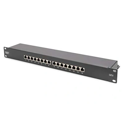 Image of DIGITUS CAT 6, Class E patch panel, shielded, 16 port RJ45, 8P8C, LSA, 1U, rack mount, black, 482x44x109