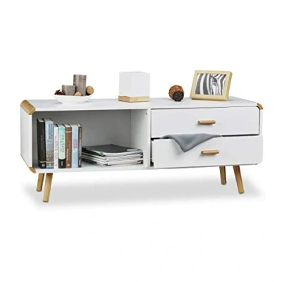 Image of Sideboard with Rounded Edges and 2 Drawers, Long Cabinet Legs, Low tv Table, HxWxD: 48 x 120 40 cm, White Relaxdays