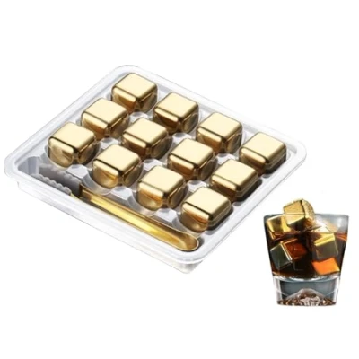 Image of Anlising 12PCS Stainless Steel Ice Cube, Whisky Stones with Tong &amp; Tray, Reusable Cubes Stones, Metal Cubes, for Wine,Vodka,Liqueur,Beverage Juice (Golden)