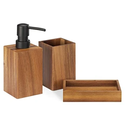 Image of Navaris Bamboo Bathroom Accessories Set 3 Piece Bath Accessory Kit with Toothbrush Holder/Liquid Soap Dispenser/Soap Dish Tray Acacia Wood