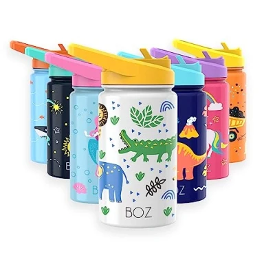 Image of BOZ Kids Water Bottle for School with Straw Lid, Stainless Steel Insulated Kids, Toddler Bottle, Leak Proof and Toddlers 414 ml (Safari)