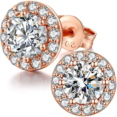 Image of Men Earrings Stud Diamond Cubic Zirconia Halo Sterling Silver Studs 10mm CZ Rose Gold