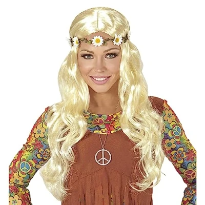 Image of Widmann hippie or medieval wig with flower headband, in pouch, one size, 04658