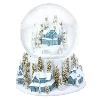 Image of Gisela Graham Large White/Blue/Gold Resin Village Snow Dome