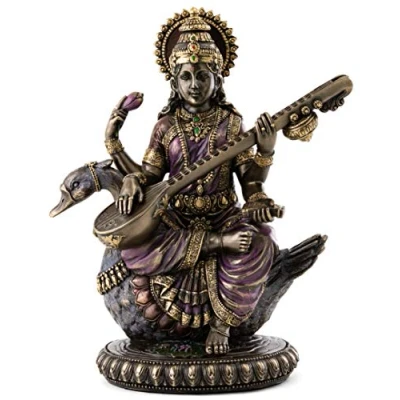Image of Top Collection Hindu Goddess of Music and Knowledge Saraswati Sitting on Swan Playing the Vina Statue Sculpture