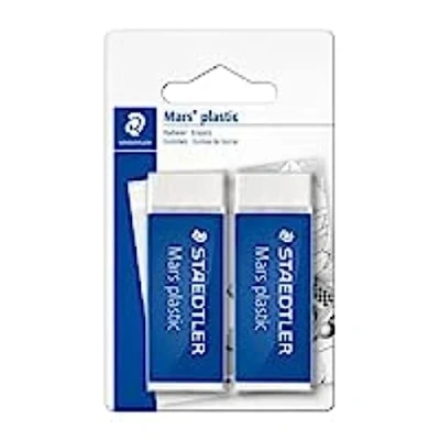 Image of Staedtler Mars Plastic 526 50 BK2D Rubber Phthalate And Latex Free Pack of 2 On Blister Card, White