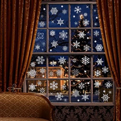 Image of Fassory 93 Pcs Glittering Silver Snowflake Window Stickers, Reusable Winter Static Cling Stickers Decals (Silver)