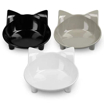 Image of Navaris Cat Bowls with Ears (Set of 3) Cute Feeding Bowl Set for Cats and Kittens 210 ml (7.1 oz) Non Slip Melamine Dishes Food Water Black, Grey, White