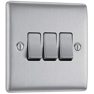 Image of BG Electrical Triple Wall Light Switch, 2 Way, Raised and Slim Profile, Round Edges, Nexus Metal, Brushed Steel, 20A, 16AX, NBS43