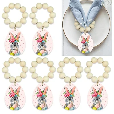 Image of EureKaEr Pack of 6 Easter Napkin Rings, Bunny Rings Made Wooden Beads, Egg Holder, Rabbit Ears Dining Table Decoration for Dinner, Weddings, Parties