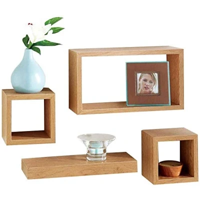 Image of NIGMA Set Of 4 Cube Rectangle Wall Mounted Shelves Floating Shelf Bookcase Hanging Storage (Oak)