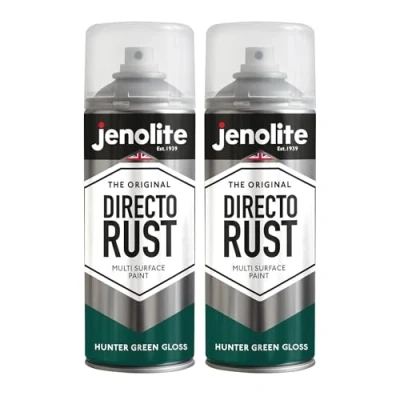 Image of JENOLITE Directorust Gloss Spray Paint HUNTER GREEN 2 x 400ml Direct To Rust For Metal Multi Surface Wood, Metal, Plastic, Ceramic RAL 6028
