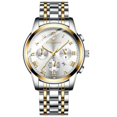 Image of JewelryWe Stainless Steel Dress Watch: Men Women Gold Silver Tone Luminous Analog Quartz Calendar Waterproof Business Wristwatch Couple Matching Watches Set