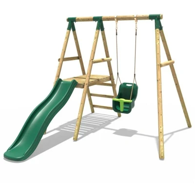 Image of Rebo® Cassini Children&#039;s Wooden Swing Set with Platform and Slide OutdoorToys Baby Seat, Sturdy Construction for Kids, Pressure Treated Timber