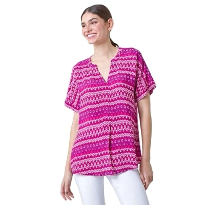 Image of Roman Originals Short Sleeve Shirt for Women UK Ladies Tunic Top Summer Blouse Casual Smat T Spring Work Cocktail Party Going Out Special Occassion Holiday V Neck Magenta Size 10