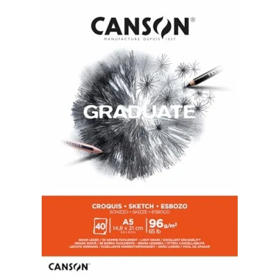 Image of CANSON Graduate Light Grain 96gsm A5 Sketch Paper Pad, Glued Short Side, 40 Natural White Sheets, Ideal for Professional Artists &amp; Students