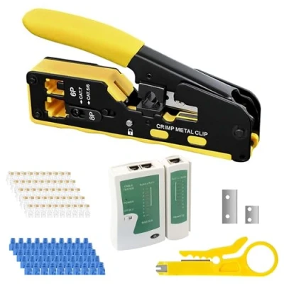 Image of Pass Through RJ45 Crimp Tool: Ethernet Crimping Tool with 50pcs Cat6 Connectors and Network Cable Tester Cat5 Cat5e Kit