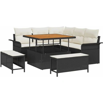 Image of vidaXL 8 Piece Garden Sofa Set with Cushions Black Poly Rattan Acacia