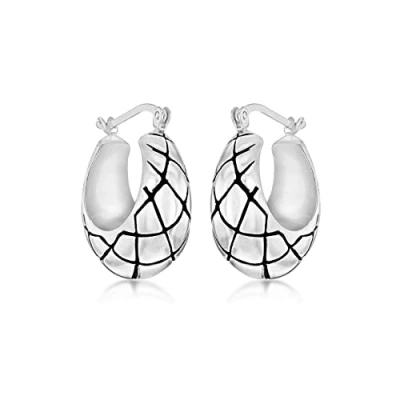 Image of Tuscany Silver Women&#039;s Sterling Oxidised Antique Style Quilt Pattern Creole Earrings, 19.5 x 21.5 mm