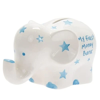 Image of My First Money Bank Elephant Box White with Blue Stars