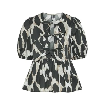 Image of PIECES Women&#039;s Pcjade 2/4 O Neck Top D2d Long Sleeve Blouse, Black/AOP:Leo, XL