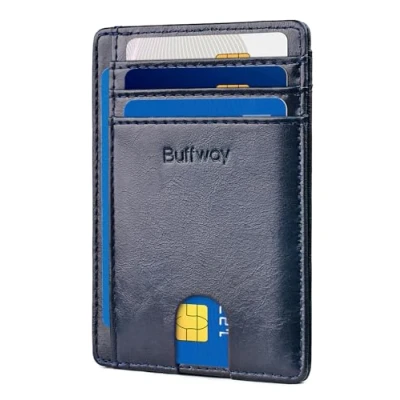 Image of Buffway Slim Minimalist Front Pocket RFID Blocking Leather Wallets for Men and Women, Alaska Blue, S,