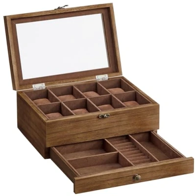 Image of SONGMICS Watch Box with 8 Slots, 2 Tier Wood Case Large Glass Lid, Pillows, Velvet Lining, Jewellery Box, Gift for Loved Ones, Rustic Walnut JOW008K01