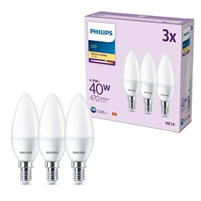 Image of PHILIPS LED Frosted B35 Candle Light Bulb 3 Pack [Warm White 2700K E14 Small Edison Screw] 40W, Non Dimmable. for Home Indoor Lighting