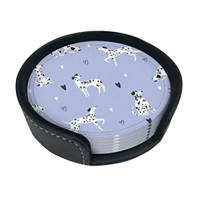 Image of Round Coasters, Dalmatian Dog Pattern,Mugs Pad Cups Mat Set of 6 Leather Drinks Coasters with Holder