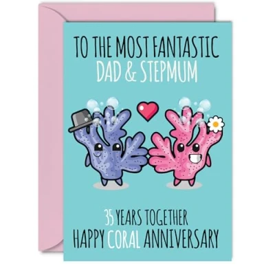 Image of Cute Coral Anniversary Card for Dad &amp; Step Mum 35 Years Together Happy 35th Wedding Cards Dad, A5 Greeting Thirty Fifth Anniversaries