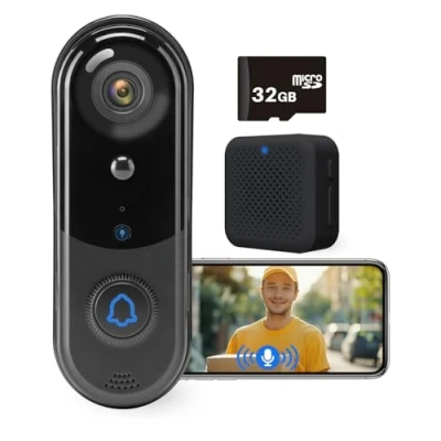Image of 1080P Video Doorbell Camera with 32 GB SD Card, Wireless Outdoor, No Monthly Fee, indoor chime, 2.4G WiFi, IP65 Waterproof, Night Vision, Ai Human Detection, Card/Free Cloud Storage