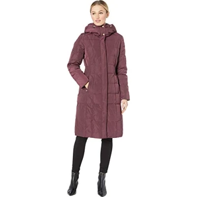Image of Cole Haan Women&#039;s Long Quilted Puffer Coat Down Jacket Alternative Outerwear, Merlot, S