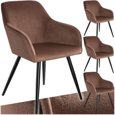 Image of TecTake® Set of 4 Dining Chairs in Velvet Look with Steel Legs, Thickly Padded Armchairs, Ergonomic Design &amp; Easy Assembly Ideal as Dining, Living Room, Bedroom Desk Brown/Black