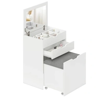 Image of HOMCOM Dressing Table with Flip up Mirror and Storage Stool, Vanity Drawer Hidden Compartments for Bedroom, Living Room, White