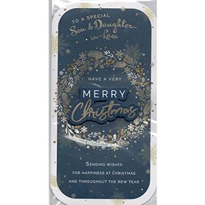 Image of prelude Son And Daughter in Law Christmas Card Traditional Gold Xmas Wreath Slim Size 23cm x 14cm