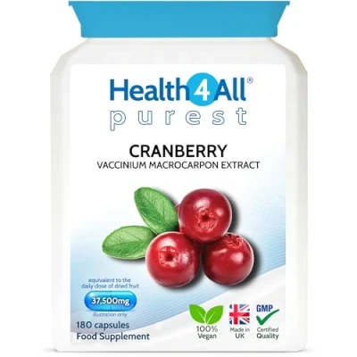 Image of Health4All Cranberry 37,500mg 180 Capsules. Purest: no additives, High Strength Extract Vegan Capsules (not Tablets) Supplement for Women &amp; Men