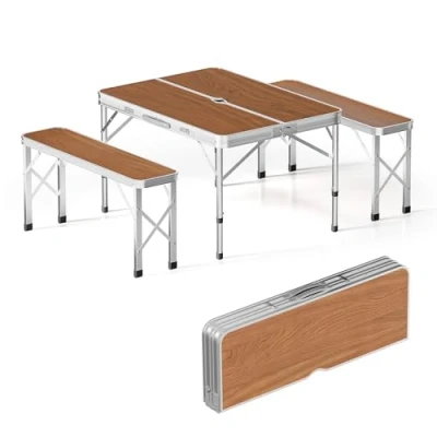 Image of Foldable Camping Table Made of Aluminum with 2 Benches in Wooden Design 90x66x70 cm